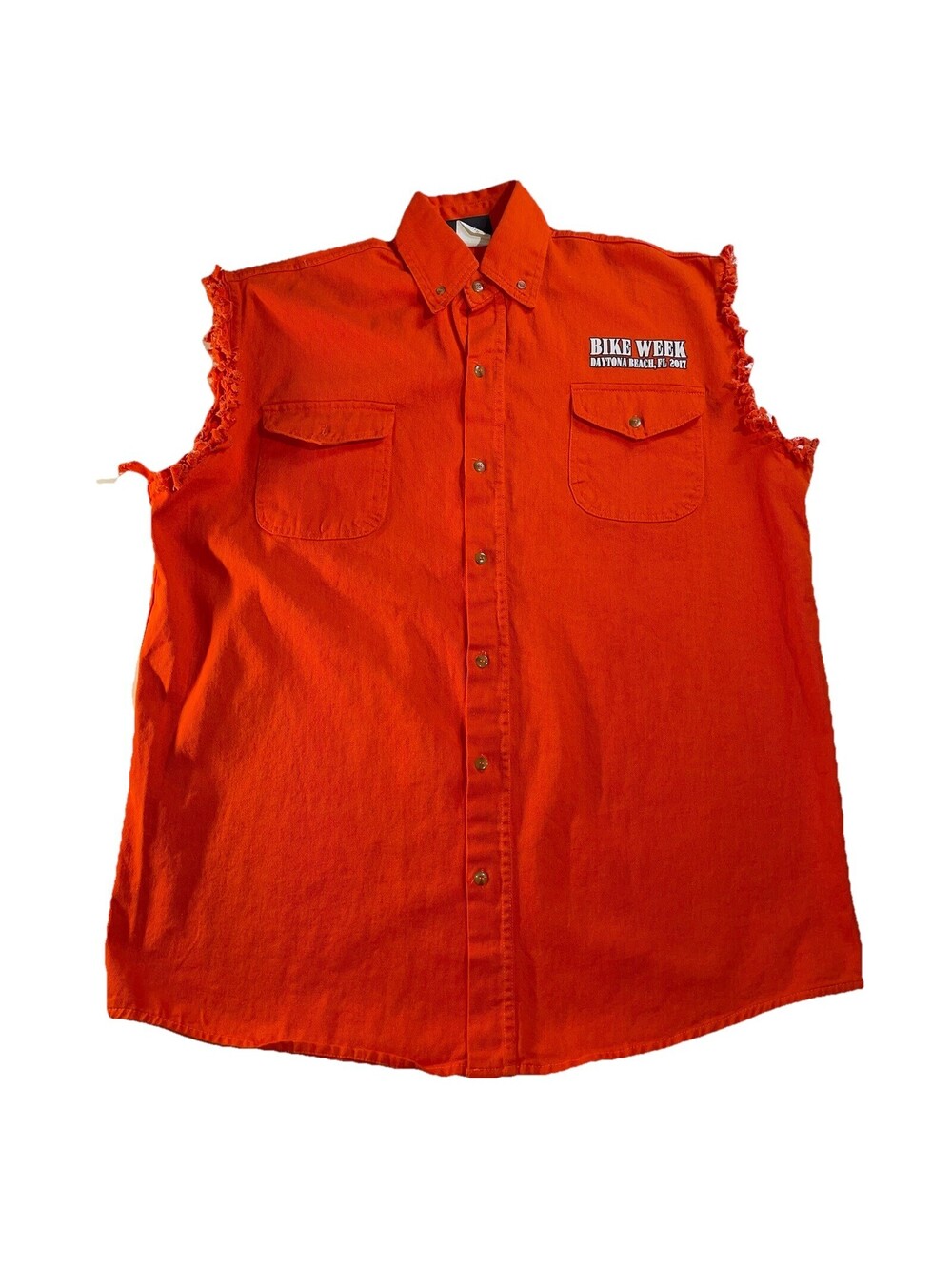 2017 Daytona Beach Bike Week Sleeveless Button Up Shirt Orange Frayed Denim 2XL